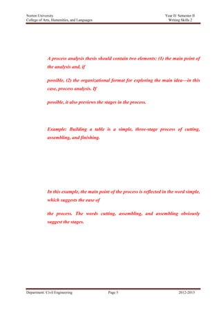Norton University




             A process analysis thesis should contain two elements: (1) the main point of
             the analysis and, if

             possible, (2) the organizational format for exploring the main idea—in this
             case, process analysis. If

             possible, it also previews the stages in the process.




             Example: Building a table is a simple, three-stage process of cutting,
             assembling, and finishing.




             In this example, the main point of the process is reflected in the word simple,
             which suggests the ease of

             the process. The words cutting, assembling, and assembling obviously
             suggest the stages.




Department: Civil Engineering                Page 5                              2012-2013
 
