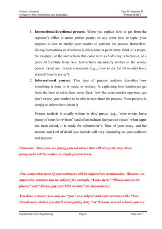 Norton University




         1. Instructional/directional process: When you explain how to get from the
             registrar‘s office to make perfect pastry, or any other how to topic, your
             purpose is how to enable your readers to perform the process themselves.
             Giving instructions or directions is often done in point form: think of a recipe,
             for example, or the instructions that come with a child‘s toy, a barbecue, or a
             piece of furniture from Ikea. Instructions are usually written in the second
             person (you) and include commands (e.g., allow to dry for 10 minutes leave
             yourself time to revise‖)
         2. Informational process: This type of process analysis describes how
             something is done or is made, or worked. In explaining how hamburger get
             from the farm to table, how snow flack, how the stoke market operates; you
             don‘t expect your readers to be able to reproduce the process. Your purpose is
             simply to inform them about it.

             Process analysis is usually written in third person (e.g., ―wise writers leave
             plenty of time for revision‖) and often includes the passive voice (―when paper
             has been edited, It is ready for submission‖). Tone of your essay, and the
             amount and kind of detail you include will vary depending on your audience
             and purpose.

Grammar. Since you are giving general advice that will always be true, these
paragraphs will be written in simple present tense.




Also, notice that most of your sentences will be imperatives (commands). (Review: An
imperative sentence has no subject; for example, ―Come here,‖ ―Please answer the
phone,‖ and ―Always pay your bills on time‖ are imperatives.)

You have a choice: you may use ―you‖ as a subject, and write sentences like ―You
should wear clothes you don’t mind getting dirty,‖ or ―Choose several schools you are


Department: Civil Engineering                  Page 6                             2012-2013
 