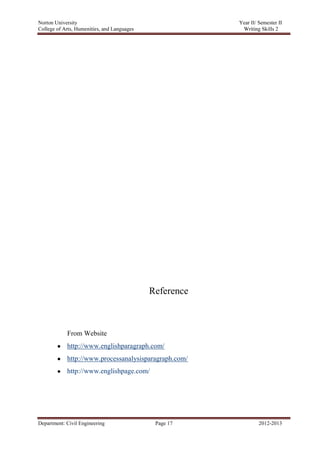 Norton University
Department: Civil Engineering Page 17 2012-2013
Reference
From Website
http://www.englishparagraph.com/
http://www.processanalysisparagraph.com/
http://www.englishpage.com/
 