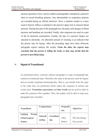 Norton University
Department: Civil Engineering Page 7 2012-2013
answers questions. First, a device called a anemograph is attached to a person's
chest to record breathing patterns. Any abnormalities in respiratory patterns
are recorded during an official interview. Next, a machine similar to a hose
used in doctors' offices is attached to the person's upper arm to measure blood
pressure. During this part of the polygraph test, the pulse and changes in blood
pressure and heartbeat are recorded. Finally, skin responses are used as a part
of the lie detection examination. Usually, the tips of a person's fingers are
attached to electrodes. An abnormal amount of sweating is an indicator that
the person may be laying. After the preceding steps have been followed,
polygraph experts analyze the results. From the data, the experts may
conclude that the person is telling the truth, or they may decide that the
person is most likely lying.
V. Signal of Transitional
As mentioned earlier, a process analysis paragraph is a type of paragraph that
consists of connected steps. Therefore, the steps in the process must be logical
and are usually explained chronologically. That is, you should write the steps
in the order they are performed which makes the sequence of actions and
events clear. Transition expressions and time words can be used in order to
make the sentences flow together. Thus, the readers will be able to read your
paragraph more smoothly.
Transitions
Conjunctions Prepositi
ons
Adjectives
Linking Words
(Time/Logical
Order)
Subordi
nating
Coordinat
ing
After
Before
The first (thing)
The second
 