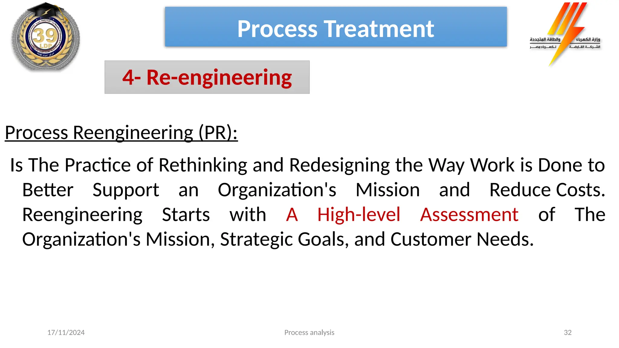 Process analysis 32
Process Treatment
4- Re-engineering
Process Reengineering (PR):
Is The Practice of Rethinking and Redesigning the Way Work is Done to
Better Support an Organization's Mission and Reduce Costs.
Reengineering Starts with A High-level Assessment of The
Organization's Mission, Strategic Goals, and Customer Needs.
17/11/2024
 