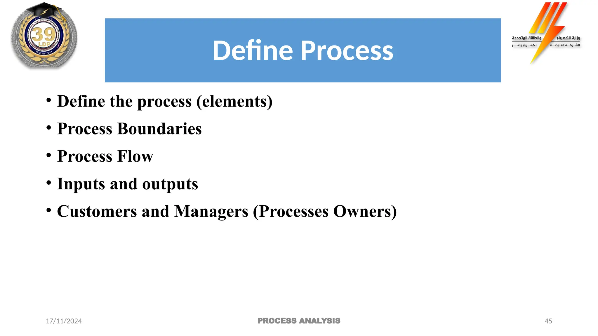 45
• Define the process (elements)
• Process Boundaries
• Process Flow
• Inputs and outputs
• Customers and Managers (Processes Owners)
17/11/2024 PROCESS ANALYSIS
Define Process
 