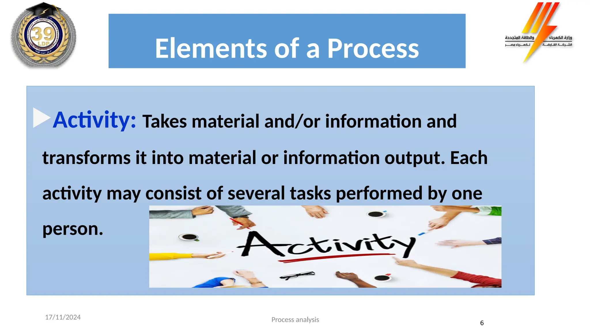 Elements of a Process
Activity: Takes material and/or information and
transforms it into material or information output. Each
activity may consist of several tasks performed by one
person.
Process analysis 6
17/11/2024
 