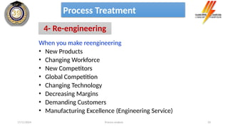 Process analysis 33
Process Treatment
4- Re-engineering
When you make reengineering
• New Products
• Changing Workforce
• New Competitors
• Global Competition
• Changing Technology
• Decreasing Margins
• Demanding Customers
• Manufacturing Excellence (Engineering Service)
17/11/2024
 