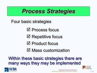 Process Strategies Four basic strategies Process focus Repetitive focus Product focus Mass customization Within these basic strategies there are many ways they may be implemented 