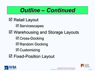 Outline – Continued Retail Layout Servicescapes Warehousing and Storage Layouts Cross-Docking Random Docking Customizing Fixed-Position Layout 