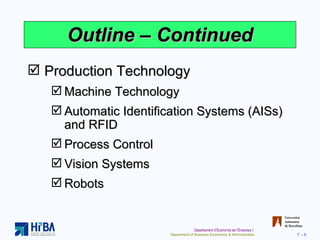 Outline – Continued Production Technology Machine Technology Automatic Identification Systems (AISs) and RFID Process Control Vision Systems Robots 
