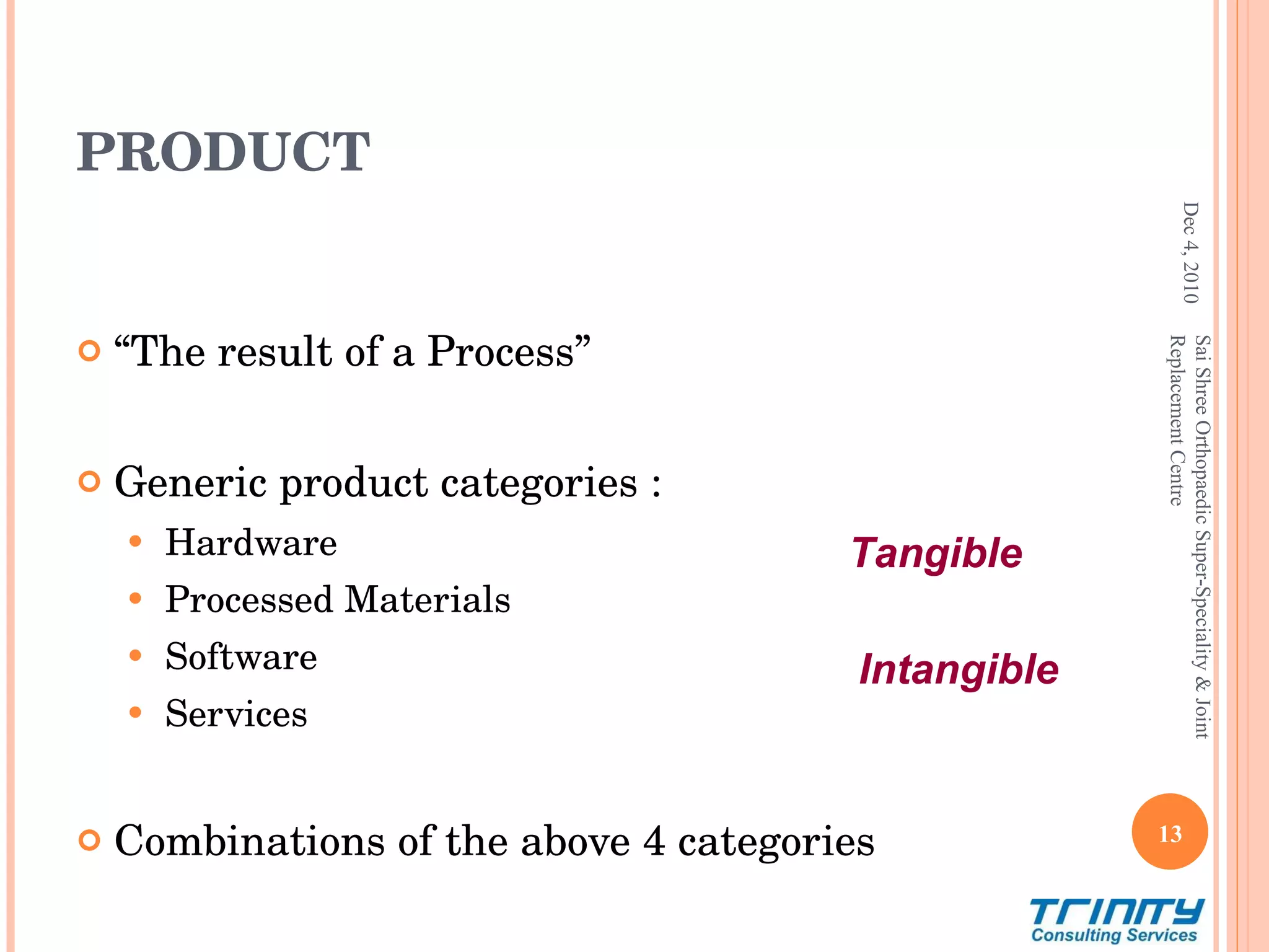 PRODUCT “ The result of a Process” Generic product categories : Hardware Processed Materials Software Services Combinations of the above 4 categories Tangible Intangible Dec 4, 2010 Sai Shree Orthopaedic Super-Speciality & Joint Replacement Centre 