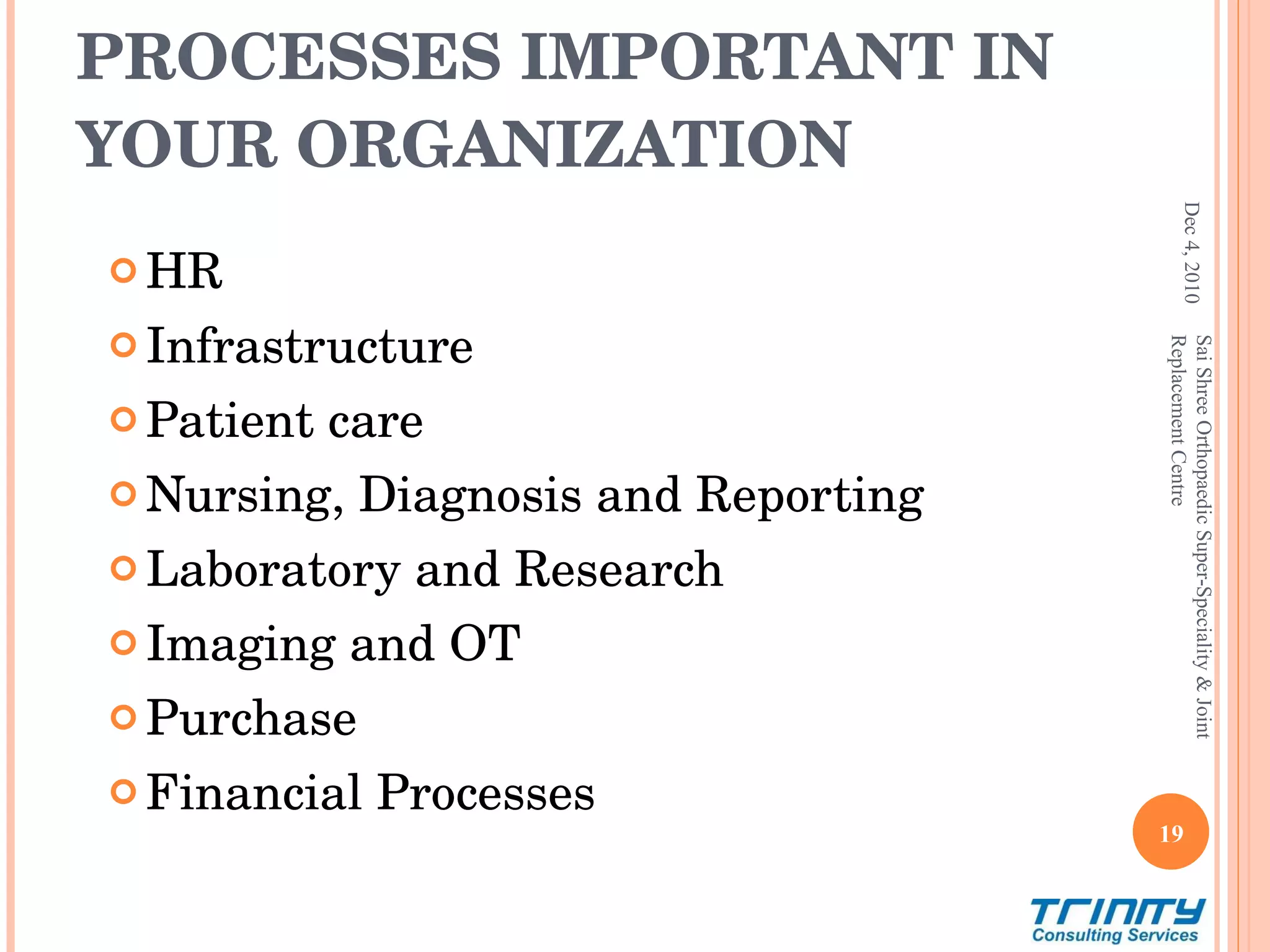 PROCESSES IMPORTANT IN YOUR ORGANIZATION HR Infrastructure Patient care Nursing, Diagnosis and Reporting Laboratory and Research Imaging and OT Purchase  Financial Processes Dec 4, 2010 Sai Shree Orthopaedic Super-Speciality & Joint Replacement Centre 