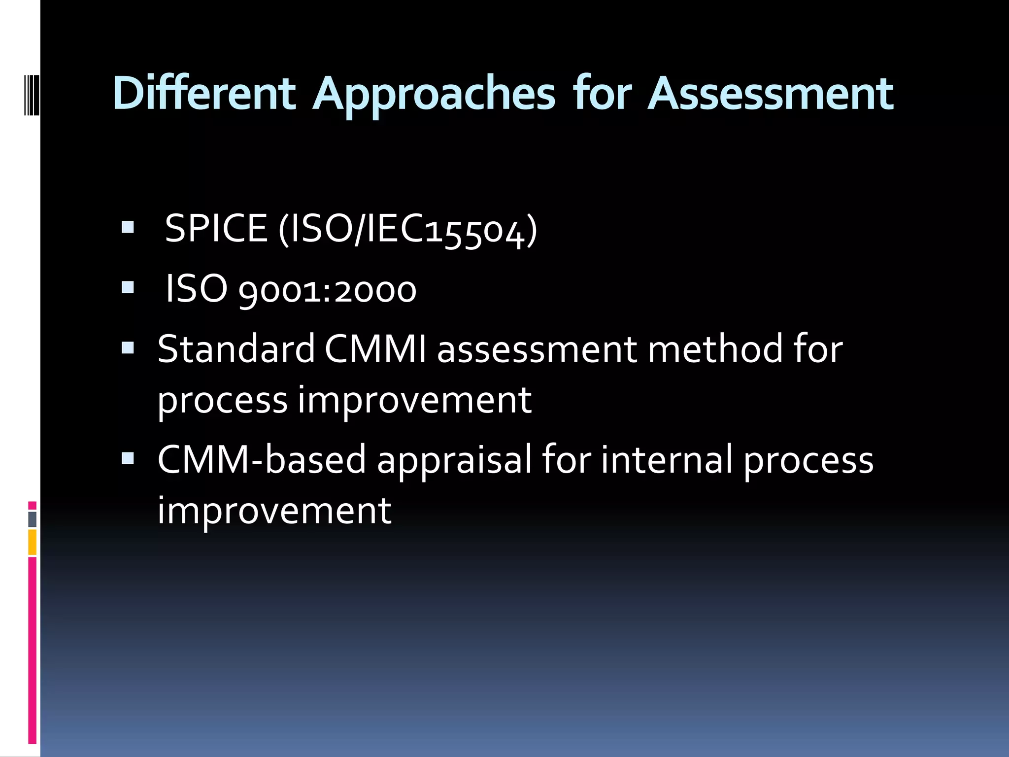 Different Approaches for Assessment
 SPICE (ISO/IEC15504)
 ISO 9001:2000
 Standard CMMI assessment method for
process improvement
 CMM-based appraisal for internal process
improvement
 