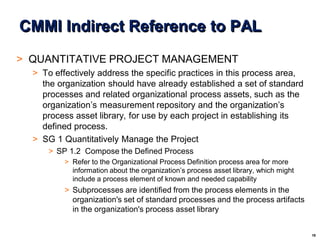 19
© 2004 - Proprietary and Confidential Information of Amdocs
CMMI Indirect Reference to PAL
> QUANTITATIVE PROJECT MANAGEMENT
> To effectively address the specific practices in this process area,
the organization should have already established a set of standard
processes and related organizational process assets, such as the
organization’s measurement repository and the organization’s
process asset library, for use by each project in establishing its
defined process.
> SG 1 Quantitatively Manage the Project
> SP 1.2 Compose the Defined Process
> Refer to the Organizational Process Definition process area for more
information about the organization’s process asset library, which might
include a process element of known and needed capability
> Subprocesses are identified from the process elements in the
organization's set of standard processes and the process artifacts
in the organization's process asset library
 