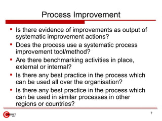 Process Improvement <ul><li>Is there evidence of improvements as output of systematic improvement actions? </li></ul><ul><...
