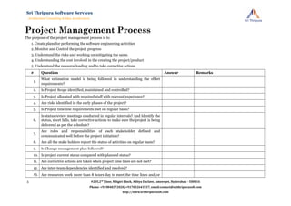 Project Management Process
The purpose of the project management process is to
1. Create plans for performing the software engineering activities
2. Monitor and Control the project progress
3. Understand the risks and working on mitigating the same.
4. Understanding the cost involved in the creating the project/product
5. Understand the resource loading and to take corrective actions
# Question Answer Remarks
1.
What estimation model is being followed in understanding the effort
requirements?
2. Is Project Scope identified, maintained and controlled?
3. Is Project allocated with required staff with relevant experience?
4. Are risks identified in the early phases of the project?
5. Is Project time line requirements met on regular basis?
6.
Is status review meetings conducted in regular intervals? And Identify the
status, short falls, take corrective actions to make sure the project is being
delivered as per the schedule?
7.
Are roles and responsibilities of each stakeholder defined and
communicated well before the project initiation?
8. Are all the stake holders report the status of activities on regular basis?
9. Is Change management plan followed?
10. Is project current status compared with planned status?
11. Are corrective actions are taken when project time lines are not met?
12. Are inter-team dependencies identified and resolved?
13. Are resources work more than 8 hours day to meet the time lines and/or
#205,2nd
Floor, Niligiri Block, Aditya Enclave, Ameerpet, Hyderabad - 500016
Phone: +919848372020, +917032643557, email:contact@srithripurasoft.com
http://www.srithripurasoft.com
Sri Thripura Software Services
Architecture Consulting & Idea Acceleration
5
 