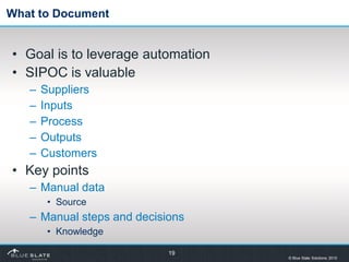 What to Document


• Goal is to leverage automation
• SIPOC is valuable
   –   Suppliers
   –   Inputs
   –   Process
   –...