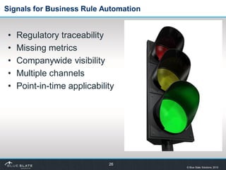 Signals for Business Rule Automation


•   Regulatory traceability
•   Missing metrics
•   Companywide visibility
•   Mult...