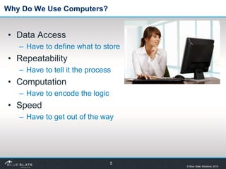 Why Do We Use Computers?


• Data Access
   – Have to define what to store
• Repeatability
   – Have to tell it the proces...