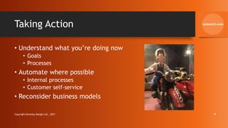Taking Action
• Understand what you’re doing now
• Goals
• Processes
• Automate where possible
• Internal processes
• Customer self-service
• Reconsider business models
Copyright Kemsley Design Ltd., 2021 9
 