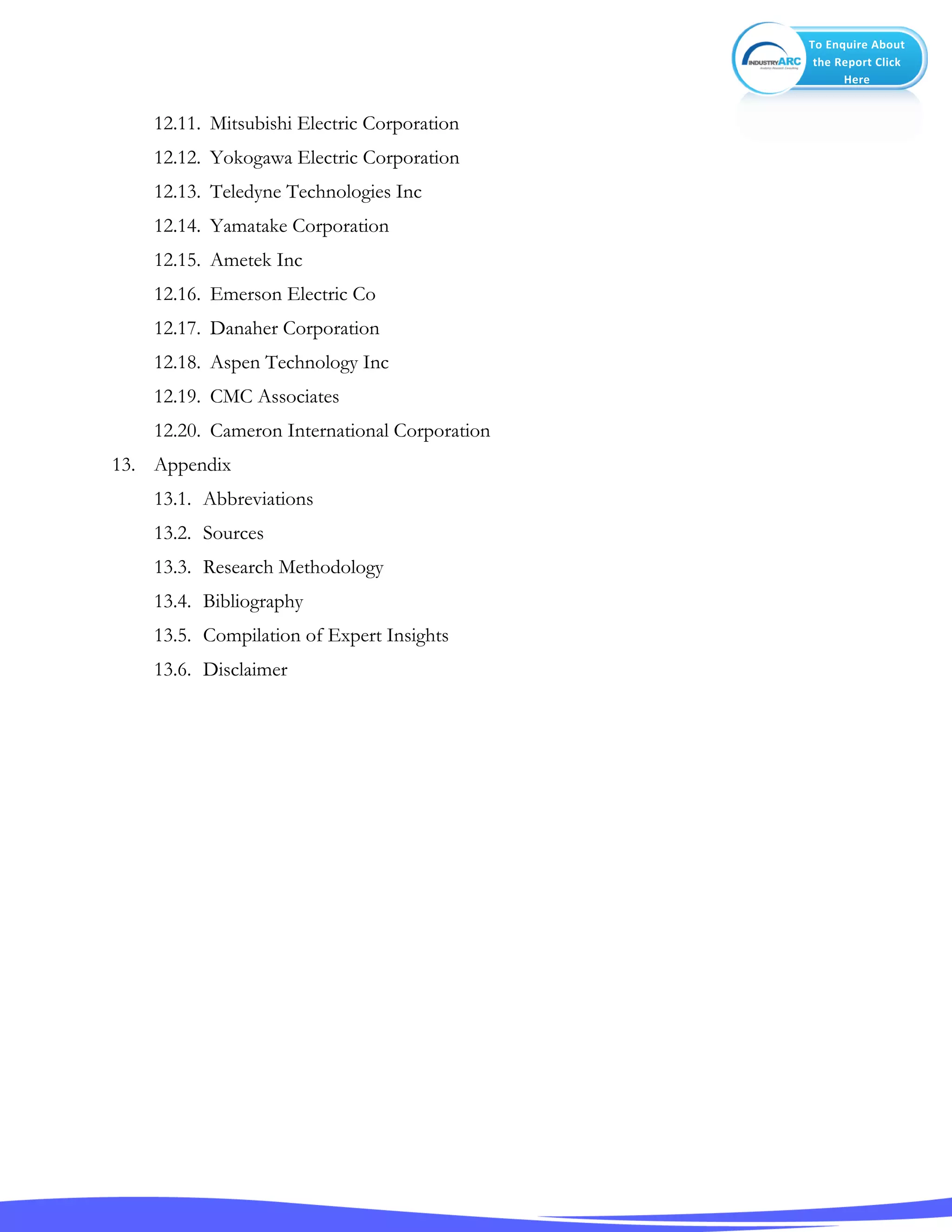 To Enquire About
the Report Click
Here
12.11. Mitsubishi Electric Corporation
12.12. Yokogawa Electric Corporation
12.13. Teledyne Technologies Inc
12.14. Yamatake Corporation
12.15. Ametek Inc
12.16. Emerson Electric Co
12.17. Danaher Corporation
12.18. Aspen Technology Inc
12.19. CMC Associates
12.20. Cameron International Corporation
13. Appendix
13.1. Abbreviations
13.2. Sources
13.3. Research Methodology
13.4. Bibliography
13.5. Compilation of Expert Insights
13.6. Disclaimer
 