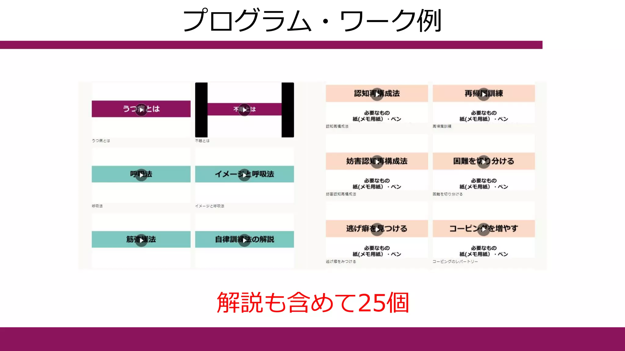 プログラム・ワーク例
解説も含めて25個
 