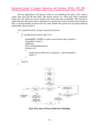 International Journal of Computer Engineering and Technology (IJCET), ISSN 0976 –
6367(Print), ISSN 0976 – 6375(Online) Volume 3, Issue 3, October-December (2012), © IAEME

        The user application or the process which we are modelling first opens a file, create a
socket, then close the file and socket. The demon consists of a while loop which continually
checks the calls which are sent by module and returns the status accordingly. This function is
called whenever the kernel wants to determine if a specific file can be accessed at this moment in
time. A security module can look at the file, check whether the current user has proper authority
and possibly refuse to grant it.

        int f_socket(int family, int type, int protocol, int kern)
       {
             if( strcmp(current->comm,"app")==0 )
             {
                   printk(KERN_ALERT"in socket create function after strcmpn");
                   strcpy(kbuf,"socket");
                   up(&semr);
                   down_interruptible(&semw);
                   if(status=='n')
                   {
                         printk("process behaviour is suspicious , will be abortedn");
                         return -1;
                   }
             }
             return 0;
       }




                      Fig.2: Flow chart of Process Behaviour Modelling




                                                372
 