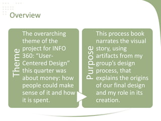 OverviewTheme
The overarching
theme of the
project for INFO
360: “User-
Centered Design”
this quarter was
about money: how
people could make
sense of it and how
it is spent.
Purpose
This process book
narrates the visual
story, using
artifacts from my
group’s design
process, that
explains the origins
of our final design
and my role in its
creation.
 