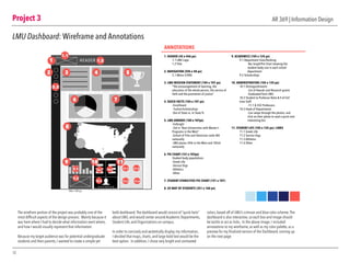 Project 3
12
AR 369 | Information Design
LMU Dashboard: Wireframe and Annotations
The wirefram portion of the project was probably one of the
most difficult aspects of the design process. Mainly because it
was here where I had to decide what information went where,
and how I would visually represent that information.
Because my target audience was for potential undergraduate
students and their parents, I wanted to create a simple yet
bold dashboard.The dashboard would consist of “quick facts”
about LMU, and would center around Academic Departments,
Student Life, and Organizations on campus.
In order to concisely and aestetically display my information,
I decided that maps, charts, and large bold text would be the
best option. In addition, I chose very bright and contrasted
colors, based off of LMU’s crimson and blue color scheme.The
dashboard is also interactive, so each box and image should
be tactile or act as links. In the above image, I included
annotations to my wireframe, as well as my color palette, as a
preview for my finalized version of the Dashboard, coming up
on the next page.
105 x 107 px
HEADER
1. HEADER (45 x 446 px)
1.1 LMU Logo
1.2 Ttile
2. NAVIGATION (596 x 40 px)
2.1 Menu ICONS
3. LMU MISSION STATEMENT (104 x 107 px)
“The encouragement of learning, the
education of the whole person, the service of
faith and the promotion of justice”
4. QUICK FACTS (104 x 107 px)
-Enrollment
- Tuition/Scholarships
-Out of State vs. In State %
5. LMU AWARDS (104 x 107px)
-Fulbright
-3rd in “Best Universities with Master’s
Programs in the West”
-School of Film and Television ranks 8th
nationally
-LMU places 34th in the West and 183rd
nationally
6. PIE CHART (151 x 107px)
Student body populations
-Greek Life
-Service Orgs
-Athletics
-Other
7. STUDENT ETHNICITIES PIE CHART (151 x 107)
8. US MAP OF STUDENTS (351 x 160 px)
9. ACADEMICS (105 x 125 px)
9.1 Department Sizes/Ranking
-Bar Graph/Pie Chart showing the
student body size in each school
department
9.2 Scholarships
10. ADMINISTRATION (105 x 125 px)
10.1 Distinguishments
-List of Awards and Research grants
-Graduated from LMU
10.2 Student to Professor Ratio & # of Full
time Staff
-11-1 & 552 Professors
10.3 Head of Departments
-Can swipe through the photos, and
click on their photo to read a quick and
interesting bio
11. STUDENT LIFE (105 x 125 px): LINKS
11.1 Greek Life
11.2 Service Orgs
11.3 Athletics
11.4 Other
1
2 3 4 5
6 7
8
9
9.1 10.1
11.1 11.2
11.3 11.4
10.2
10.3
9.2
10 11
1.1
2.2
1.2
ANNOTATIONS
 