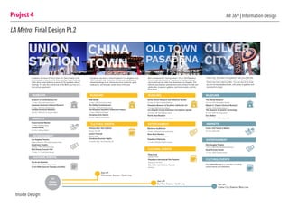 MUSEUMS MUSEUMS MUSEUMS MUSEUMS
MARKETS
MARKETS
ENTERTAINMENT
ENTERTAINMENT
ENTERTAINMENT
CULTURAL EVENTS
CULTURAL EVENTS
CULTURAL EVENTS
CULTURAL EVENTS
Located in the heart of Down Town LA, Union Station is the
perfect place to start your LA Metro journey. Union Station is
within short travel distance of some of LA’s greatest cultural
offerings. It is also the central hub of the Metro, so hop on a
train and go anywhere!
Chinatown has been a cultural hotspot in Los Angeles since
1890. Located near downtown, Chinantown has plenty of
interesting things to do: historical and art museums, great
restaraunts, and festivals certain times of the year.
Also considered the “real downtown” of LA, Old Pasadena
is in the business district of Pasadena, a lively and diverse
city located just ten miles from downtown Los Angeles. This
eclectic area features entertainment and activities for kids and
adults alike: museums, galleries, and music events, and the
Rose Bowl.
Culver City, “the heart of screenland,” was one of the ﬁrst
centers of LA’s ﬁlm industry. Now home to Sony Studios,
Culver has more culture to offer. It is also one of the most
up-and-coming neighborhoods, with plenty of galleries and
restaraunts to enjoy.
Museum of Contemporary Art
1.5 miles | 250 South Grand Avenue
Japanese American National Museum
0.1 miles | 100 North Central Avenue
Chinese American Museum
0.2 miles | 425 North Los Angeles Street
KGB Studio
1.2 miles | 1640 North Spring Street
The Geffen Contemporary
0.01 miles | 152 North Central Avenue
The Studio for Southern Californian History
0.7 miles | 818 North Hill Street
Chinatown Arts District
0.9 miles | 969 Chung King Road
Norton Simon Museum and Botanical Garden
10 miles | 411 West Colorado Boulevard
Pasadena Museum of Southern Californian Art
11.2 miles | 490 East Union Street
Los Angeles County Arboretum and Botanic Garden
19.3 miles | 301 North Baldwin Avenue
Paciﬁc Asia Museum
11.1 miles | 46 North Los Robles Avenue
The Wende Museum
4.5 miles | 5741 Buckingham Parkway
Mayme A. Clayton Library & Museum
1.6 miles | 4130 Overland Avenue
The Museum of Jurassic Technology
0.7 miles | 9341 Venice Boulevard
Eco Station
1.5 miles | 10101 Jefferson Boulevard
Grand Central Market
1.1 miles | Broadway Street
Olevera Street
0.2 miles | walking distance
Culver City Farmer’s Market
0.5 miles | Main Street
Beckman Auditorium
12 miles | 1200 East California Boulevard
Rose Bowl Stadium
11.1 miles | 1001 Rose Bowl Drive
Pasadena Playhouse
11.2 miles | 39 South El Molino Avenue
Kirk Douglas Theatre
1.0 mile | 9820 West Washington Boulevard
Sony Pictures Studio
1.7 miles | 3970 Overland Avenue
Los Angeles Theatre
Purple to Red Line | 615 South Broadway Street
Amahnson Theatre
0.8 miles | 135 North Grand Avenue
Walt Disney Concert Hall
1.2 miles | 111 South Grand Avenue
Chinese New Year Festival
February 19, 2015
Lantern Festival:
March 7, 2015
Chinatown Summer Nights
For speciﬁc dates, visit chinatownla.com
Rose Bowl
January 1, 2015
Pasadena International Film Festival
February 11-16, 2015
City of Art and Science Festival
Fall 2015
Visit culvercity.org for a calendar of monthly
cultural events and exhibitions
Dia de los Muertos
Oct-November 5, 2015 | Olevera Street
LA Art Walk: Second Tuesday (monthly)
Get off:
Chinatown Station | Gold Line
Get off:
Del Mar Station | Gold Line Get off:
Culver City Station | Blue Line
DT:
Union
Station
Project 4 AR 369 | Information Design
LA Metro: Final Design Pt.2
Inside Design
 