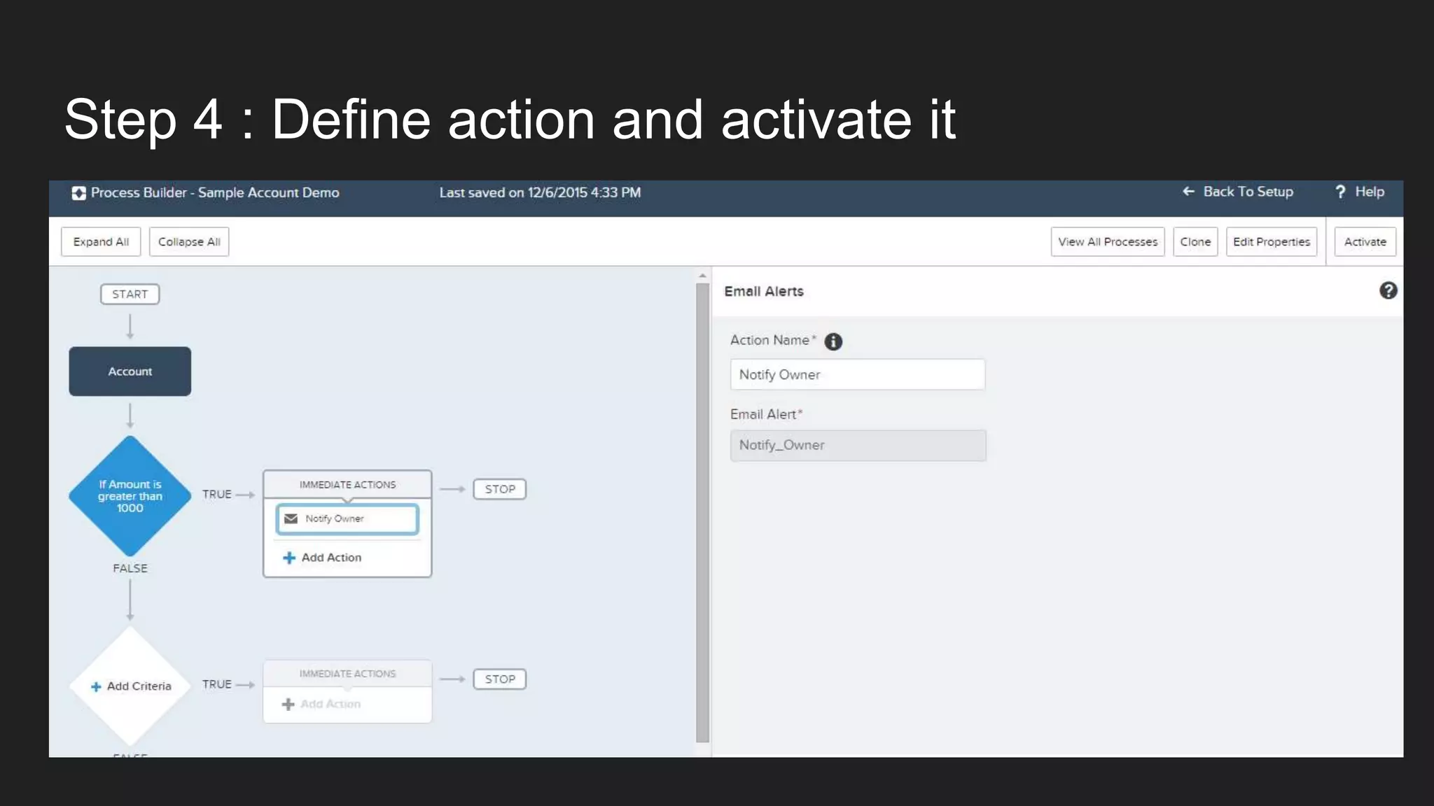 Step 4 : Define action and activate it
 