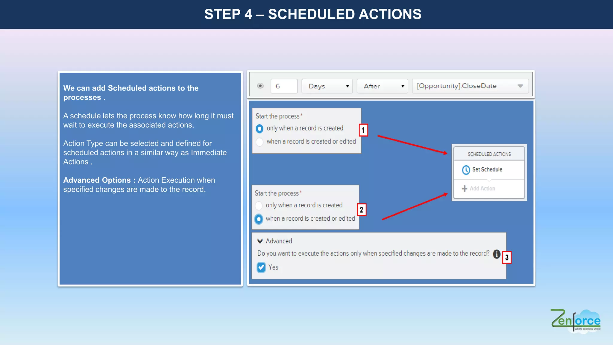 STEP 4 – SCHEDULED ACTIONS
We can add Scheduled actions to the
processes .
A schedule lets the process know how long it must
wait to execute the associated actions.
Action Type can be selected and defined for
scheduled actions in a similar way as Immediate
Actions .
Advanced Options : Action Execution when
specified changes are made to the record.
 