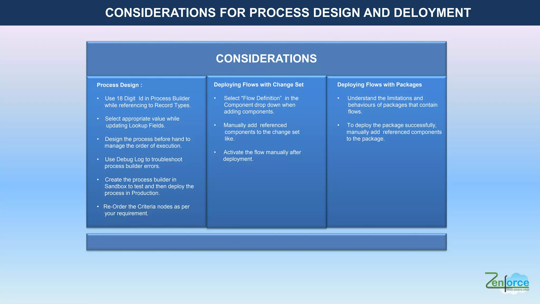 CONSIDERATIONS
Process Design :
• Use 18 Digit Id in Process Builder
while referencing to Record Types.
• Select appropriate value while
updating Lookup Fields.
• Design the process before hand to
manage the order of execution.
• Use Debug Log to troubleshoot
process builder errors.
• Create the process builder in
Sandbox to test and then deploy the
process in Production.
• Re-Order the Criteria nodes as per
your requirement.
Deploying Flows with Change Set
• Select "Flow Definition” in the
Component drop down when
adding components.
• Manually add referenced
components to the change set
like.
• Activate the flow manually after
deployment.
Deploying Flows with Packages
• Understand the limitations and
behaviours of packages that contain
flows.
• To deploy the package successfully,
manually add referenced components
to the package.
CONSIDERATIONS FOR PROCESS DESIGN AND DELOYMENT
 