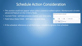 Schedule Action Consideration
• This section could not appear when select created or edited option. Workaround is Enable
advanced feature on the Criteria Node.
• Current Time - will take process created user time zone
• Field Value (Date Field) - Will take org time zone.
• If the schedule references a null field value, Salesforce ignores that schedule.
 