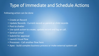 Type of Immediate and Schedule Actions
Following action can be done
• Create an Record
• Update Records - Current record or parent or child records
• Post to chatter
• Use quick action to create, update record and log an call.
• Send an email
• Submit for approval
• Launch Visual flow
• Processes - Call another flow here
• Apex - build complex business process or make external system call
 