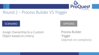 Round 2 – Process Builder VS Trigger
Assign Ownership to a Custom
Object based on criteria
SCENARIO
Process Builder
Trigger
Depends on complexity
OPTIONS
 