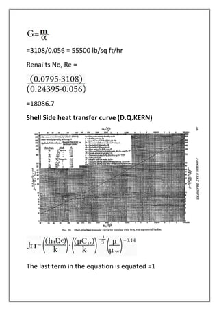 =3108/0.056 = 55500 lb/sq ft/hr
Renailts No, Re =
=18086.7
Shell Side heat transfer curve (D.Q.KERN)
The last term in the equation is equated =1
 