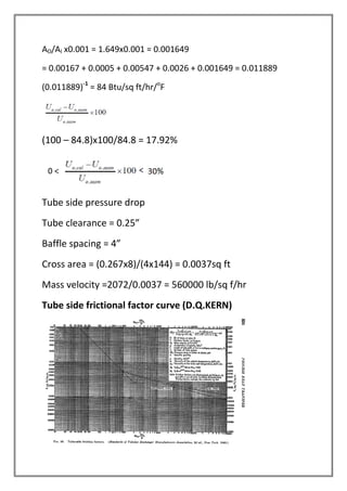AO/AI x0.001 = 1.649x0.001 = 0.001649
= 0.00167 + 0.0005 + 0.00547 + 0.0026 + 0.001649 = 0.011889
(0.011889)-1
= 84 Btu/sq ft/hr/o
F
(100 – 84.8)x100/84.8 = 17.92%
Tube side pressure drop
Tube clearance = 0.25”
Baffle spacing = 4”
Cross area = (0.267x8)/(4x144) = 0.0037sq ft
Mass velocity =2072/0.0037 = 560000 lb/sq f/hr
Tube side frictional factor curve (D.Q.KERN)
 