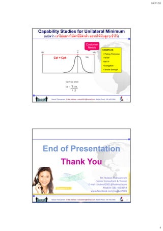 04/11/55




Capability Studies for Unilateral Minimum
  (แปลว่ า เราไม่ อยากให้ ค่านีมีค่าตํ่า อยากให้ มันสูงๆเข้ าไว้ )
                               ้
                                                       Customer
                                                        Needs
                                                                             EXAMPLES:
  LSL
   S                                           X                USL
                                                                US
                                                                              • Plating Thickness
                                                       Cpu
            Cpl = Cpk                                                         • MTBF

                                                                              • MTTF

                                                                              • Elongation

                                                                              • Tensile Strength




                            Cpk = Cpl, where:


                            Cpl =    X - LSL

                                     3   


          Nukool Thanuanram E-Mail Address : nukool2001@hotmail.com Mobile Phone : 081.400.3954     7




   End of Presentation
                      Thank You
                                                                      Mr.NukoolThanuanram
                                                                      Mr Nukool Thanuanram
                                                                   SeniorConsultant&Trainer
                                                           E‐mail:nukool2001@hotmail.com
                                                                         Mobile:081‐4003954
                                                             www.facebook.com/nukool2001


          Nukool Thanuanram E-Mail Address : nukool2001@hotmail.com Mobile Phone : 081.400.3954     8




                                                                                                              4
 