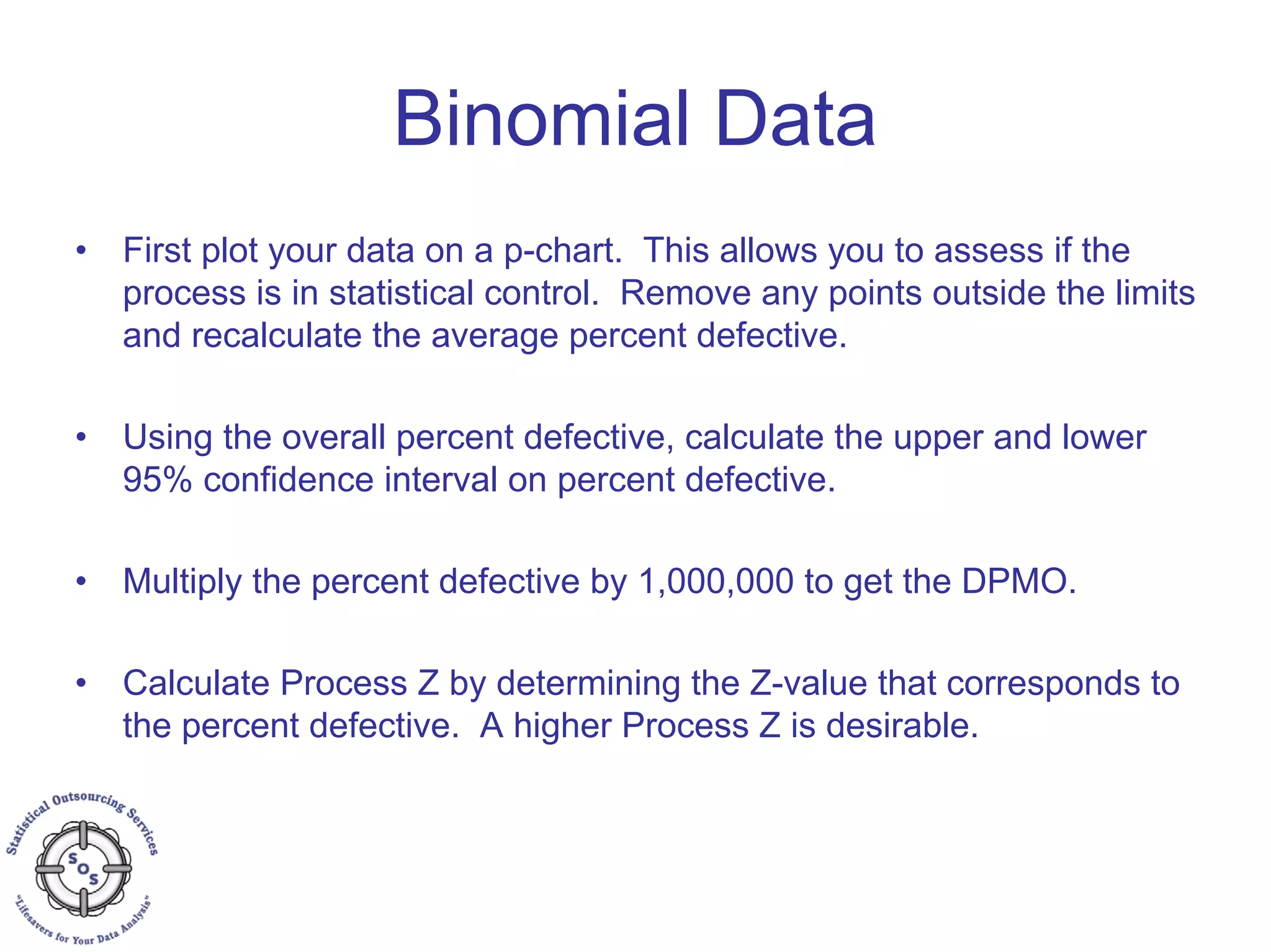 Binomial Data
• First plot your data on a p-chart. This allows you to assess if the
process is in statistical control. Remove any points outside the limits
and recalculate the average percent defective.
• Using the overall percent defective, calculate the upper and lower
95% confidence interval on percent defective.
• Multiply the percent defective by 1,000,000 to get the DPMO.
• Calculate Process Z by determining the Z-value that corresponds to
the percent defective. A higher Process Z is desirable.
 