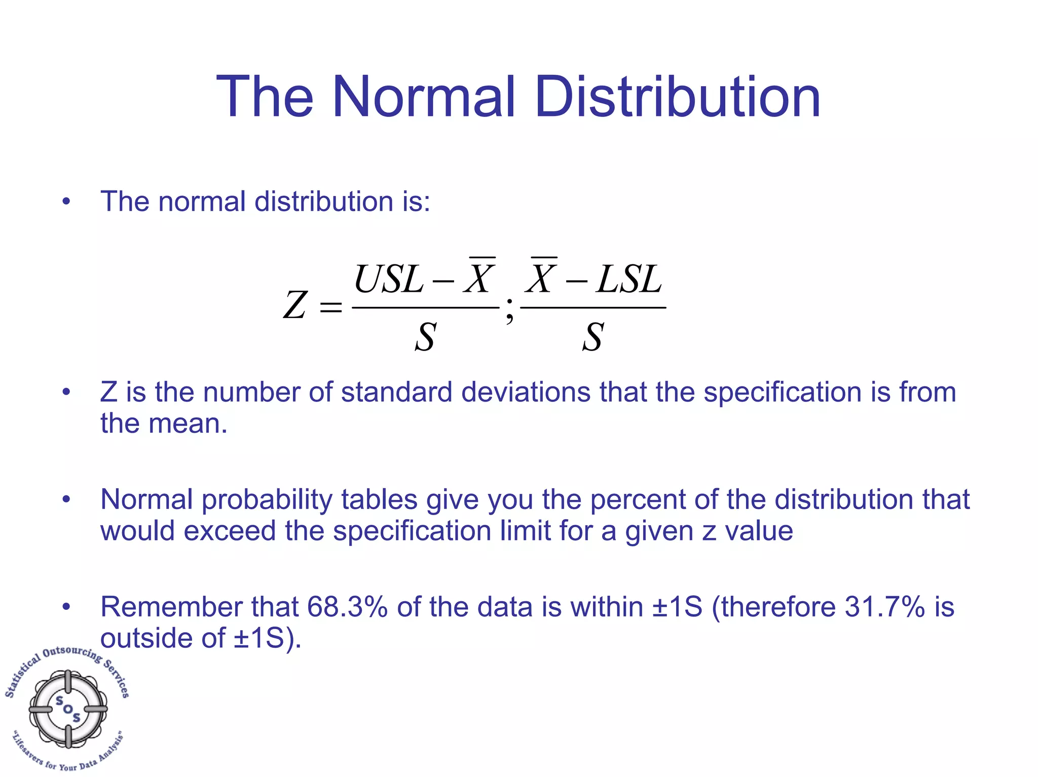 The Normal Distribution
• The normal distribution is:
• Z is the number of standard deviations that the specification is from
the mean.
• Normal probability tables give you the percent of the distribution that
would exceed the specification limit for a given z value
• Remember that 68.3% of the data is within ±1S (therefore 31.7% is
outside of ±1S).
S
LSLX
S
XUSL
Z
−−
= ;
 