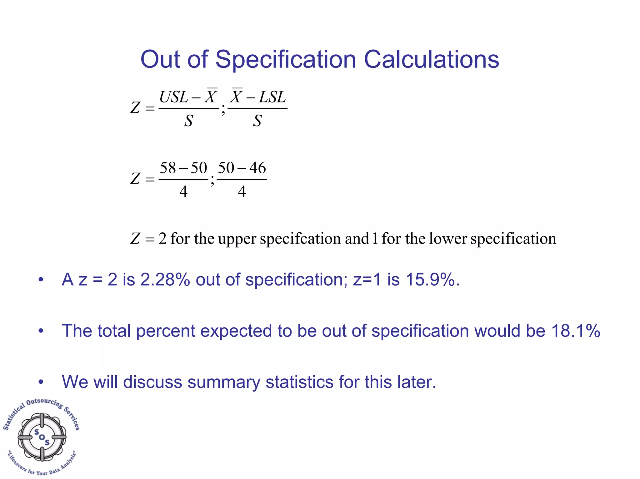 Out of Specification Calculations
• A z = 2 is 2.28% out of specification; z=1 is 15.9%.
• The total percent expected to be out of specification would be 18.1%
• We will discuss summary statistics for this later.
ionspecificatlowerfor the1andonspecifcatiupperfor the2
4
4650
;
4
5058
;
=
−−
=
−−
=
Z
Z
S
LSLX
S
XUSL
Z
 