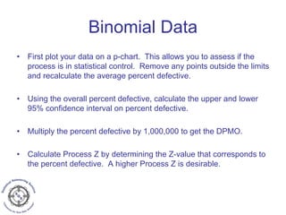 Binomial Data
• First plot your data on a p-chart. This allows you to assess if the
process is in statistical control. Remove any points outside the limits
and recalculate the average percent defective.
• Using the overall percent defective, calculate the upper and lower
95% confidence interval on percent defective.
• Multiply the percent defective by 1,000,000 to get the DPMO.
• Calculate Process Z by determining the Z-value that corresponds to
the percent defective. A higher Process Z is desirable.
 