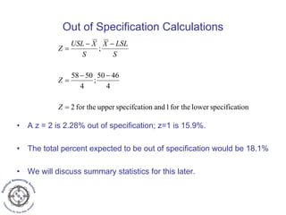 Out of Specification Calculations
• A z = 2 is 2.28% out of specification; z=1 is 15.9%.
• The total percent expected to be out of specification would be 18.1%
• We will discuss summary statistics for this later.
ionspecificatlowerfor the1andonspecifcatiupperfor the2
4
4650
;
4
5058
;
=
−−
=
−−
=
Z
Z
S
LSLX
S
XUSL
Z
 
