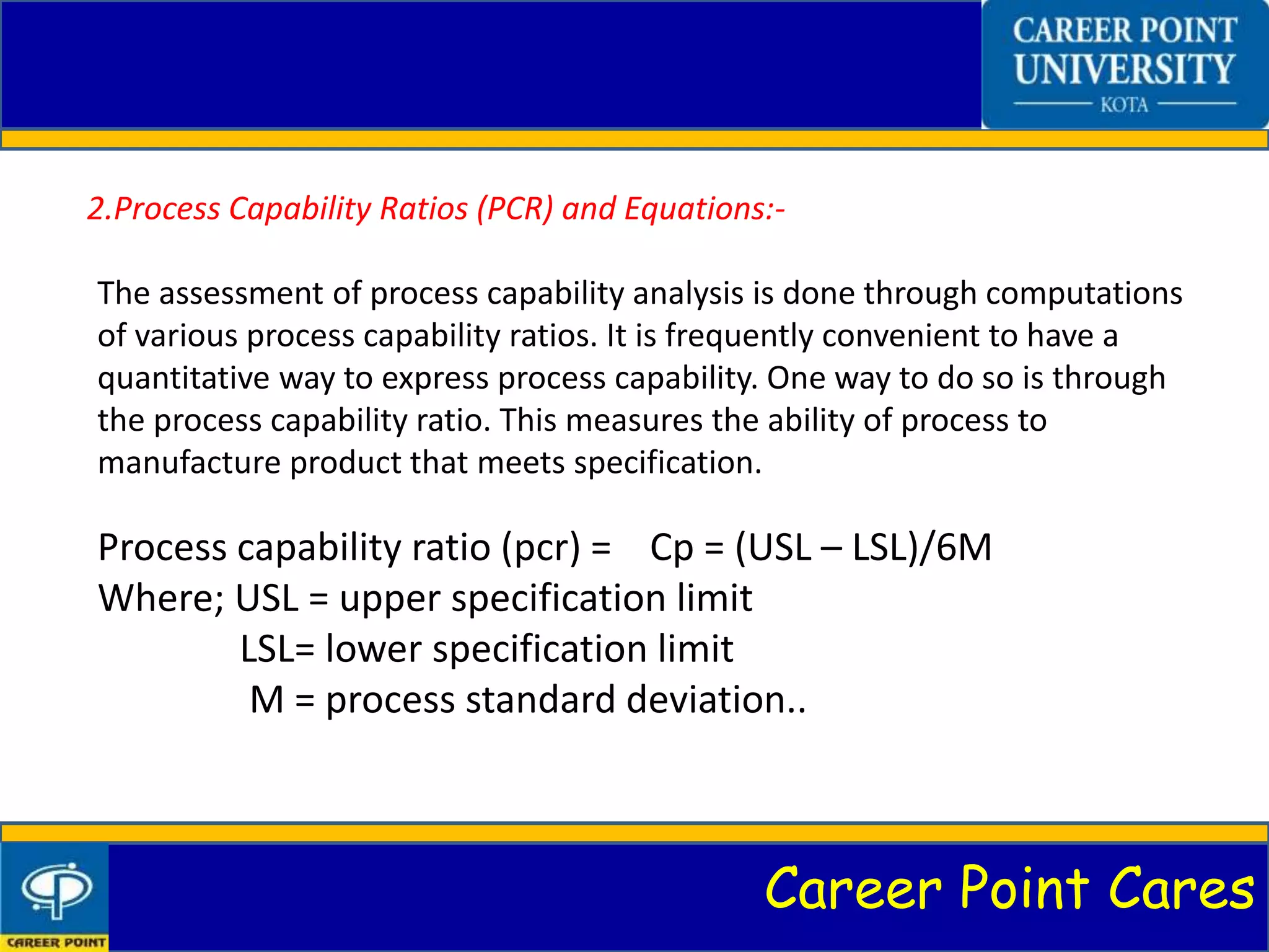 Career Point Cares
2.Process Capability Ratios (PCR) and Equations:-
The assessment of process capability analysis is done through computations
of various process capability ratios. It is frequently convenient to have a
quantitative way to express process capability. One way to do so is through
the process capability ratio. This measures the ability of process to
manufacture product that meets specification.
Process capability ratio (pcr) = Cp = (USL – LSL)/6M
Where; USL = upper specification limit
LSL= lower specification limit
M = process standard deviation..
 