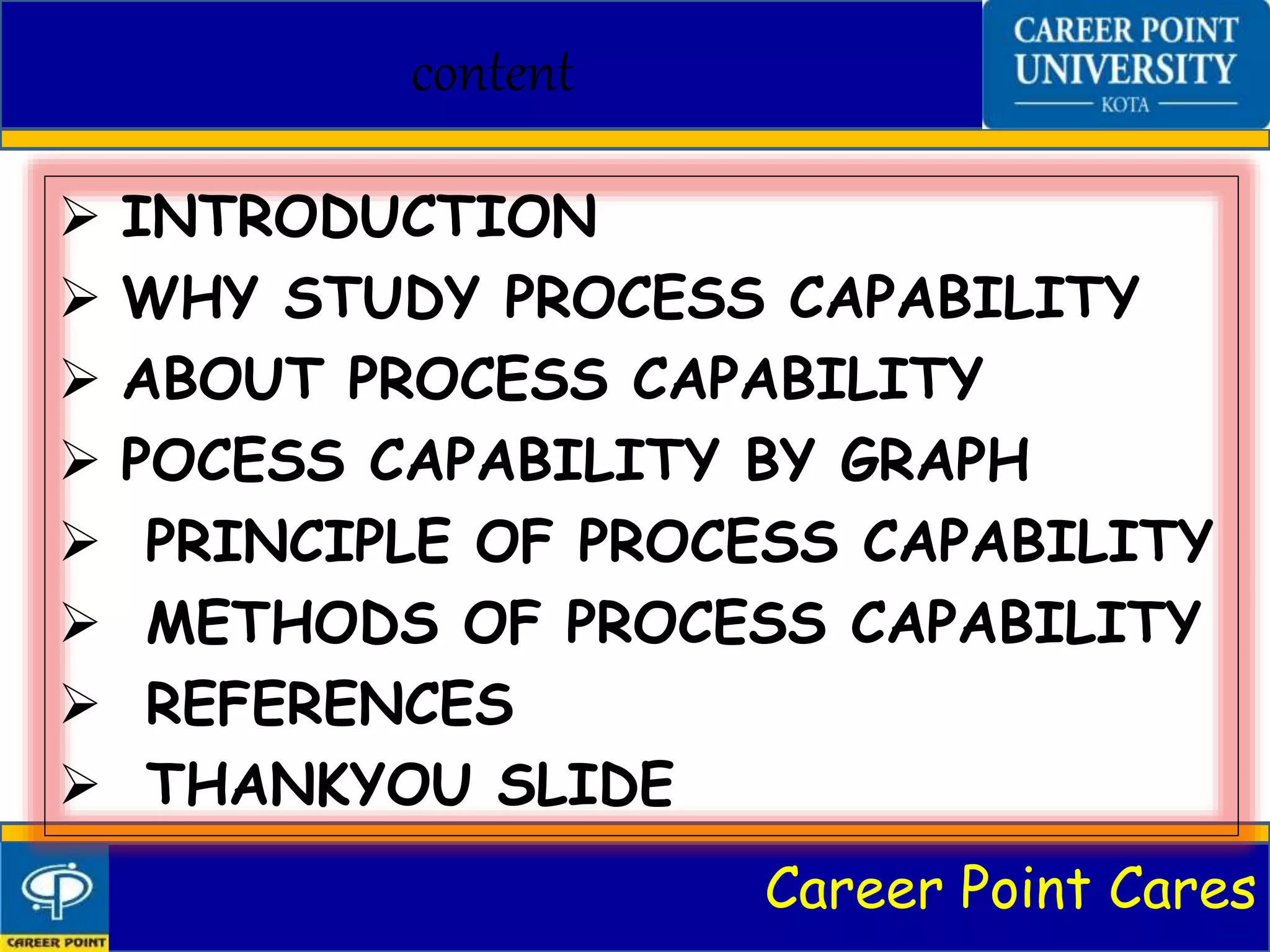 Career Point Cares
content
 INTRODUCTION
 WHY STUDY PROCESS CAPABILITY
 ABOUT PROCESS CAPABILITY
 POCESS CAPABILITY BY GRAPH
 PRINCIPLE OF PROCESS CAPABILITY
 METHODS OF PROCESS CAPABILITY
 REFERENCES
 THANKYOU SLIDE
 