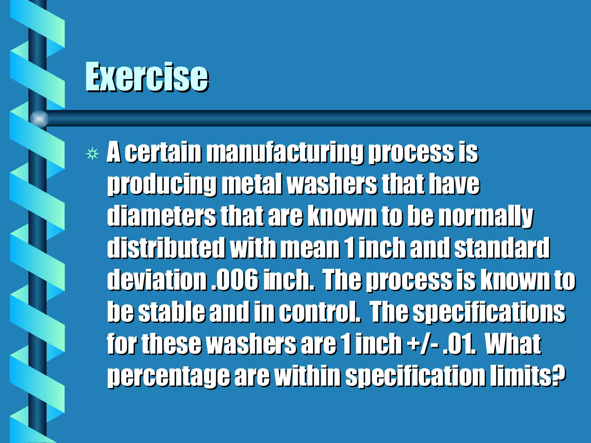 Exercise A certain manufacturing process is producing metal washers that have diameters that are known to be normally distributed with mean 1 inch and standard deviation .006 inch.  The process is known to be stable and in control.  The specifications for these washers are 1 inch +/- .01.  What percentage are within specification limits? 