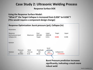 Case Study 2: Ultrasonic Welding Process
Response Optimization: burst pressure (psi), Collapse (in)
Parameters
Response Goal Lower Target Upper
burst pressure (psi) Maximum 800.000 2000.00
Collapse (in) Target 0.011 0.036 0.038
Solution
burst
Pressure Weld Amplitude pressure
Solution (psi) Time (s) (%) (psi) Collapse (in)
1 26.5463 0.33 86.82 1753.97 0.0360000
Response Surface DOE
Using the Response Surface Model:
“What If” the Target Collapse is increased from 0.026” to 0.036”?
(This would require a component design change)
Burst Pressure prediction increases
significantly, indicating a much more
robust weld
David A. Goodrich, P.E.
 