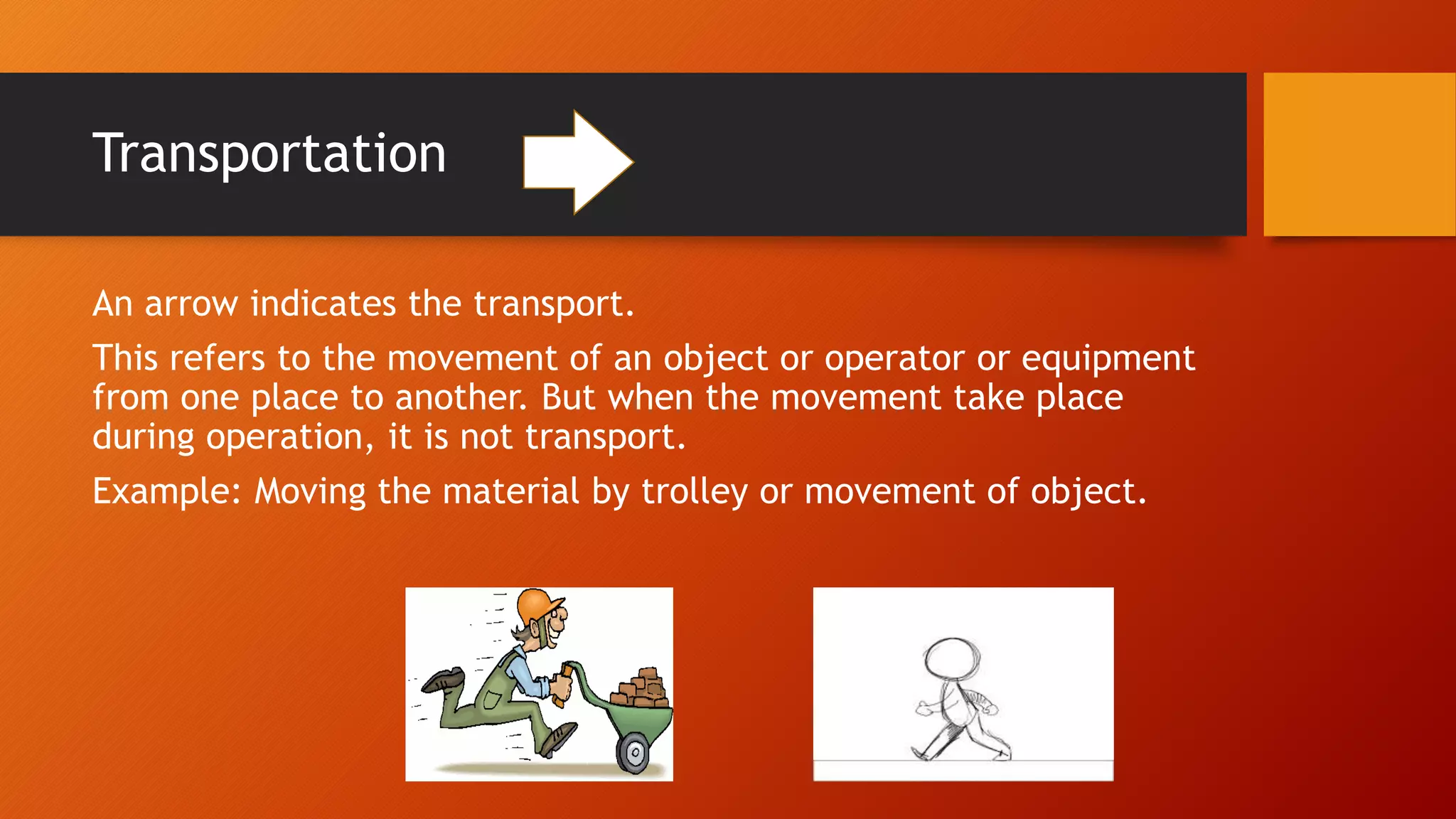 Transportation
An arrow indicates the transport.
This refers to the movement of an object or operator or equipment
from one place to another. But when the movement take place
during operation, it is not transport.
Example: Moving the material by trolley or movement of object.
 