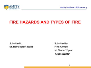 Amity Institute of Pharmacy
FIRE HAZARDS AND TYPES OF FIRE
Submitted to: Submitted by:
Dr. Ramanpreet Walia Firuj Ahmed
M. Pharm 1st year
A10655022001
1
 