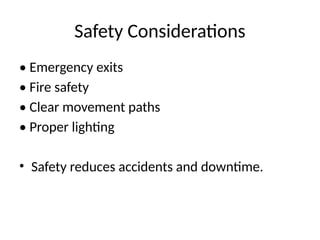 Safety Considerations
• Emergency exits
• Fire safety
• Clear movement paths
• Proper lighting
• Safety reduces accidents and downtime.
 