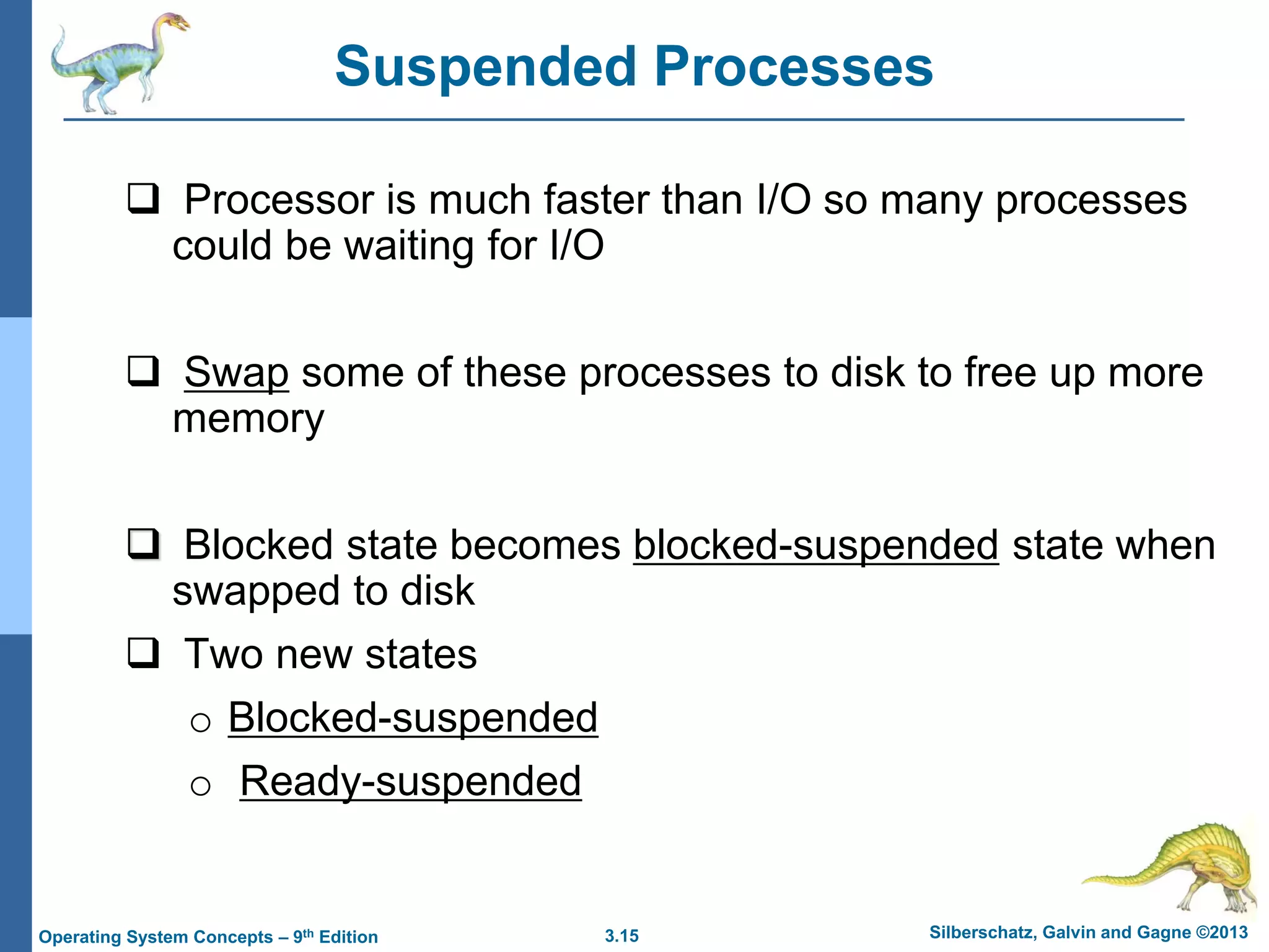 3.15 Silberschatz, Galvin and Gagne ©2013
Operating System Concepts – 9th Edition
Suspended Processes
 Processor is much faster than I/O so many processes
could be waiting for I/O
 Swap some of these processes to disk to free up more
memory
 Blocked state becomes blocked-suspended state when
swapped to disk
 Two new states
o Blocked-suspended
o Ready-suspended
 
