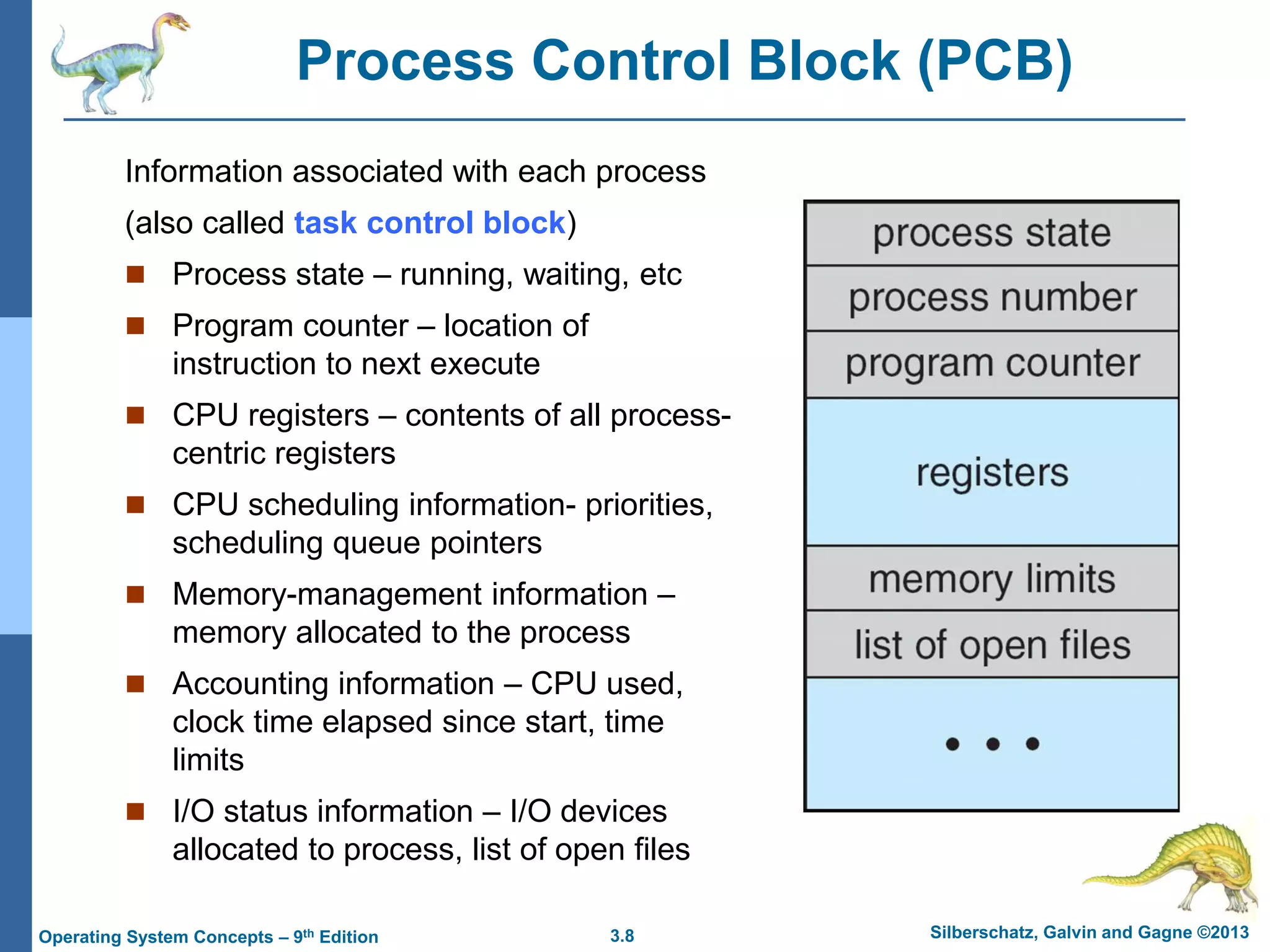 3.8 Silberschatz, Galvin and Gagne ©2013
Operating System Concepts – 9th Edition
Process Control Block (PCB)
Information associated with each process
(also called task control block)
 Process state – running, waiting, etc
 Program counter – location of
instruction to next execute
 CPU registers – contents of all process-
centric registers
 CPU scheduling information- priorities,
scheduling queue pointers
 Memory-management information –
memory allocated to the process
 Accounting information – CPU used,
clock time elapsed since start, time
limits
 I/O status information – I/O devices
allocated to process, list of open files
 